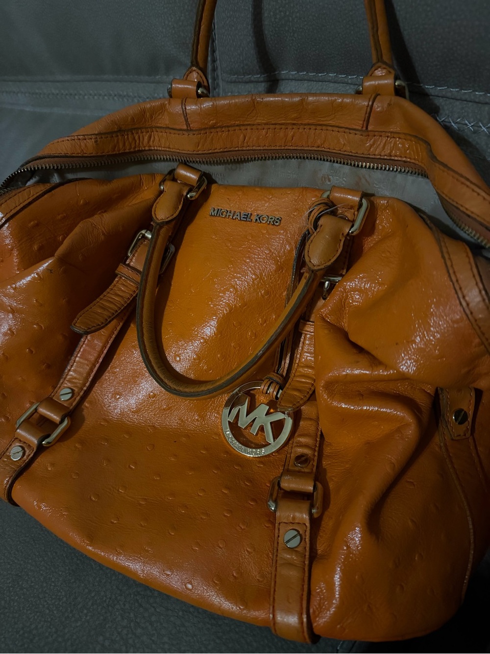 Michael Kors Ostrich embossed Leather Satchel with Gold MK Charm